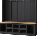 Farmhouse Wooden Style 78''H Modern Hall Tree With Wide Storage Seating Bench, Entryway Shoe Cabinet With 13 Compartments, Elegant Coat Rack With 6 Hooks For Mudroom, Living Room, Black Black Primary Living Space Particle Board