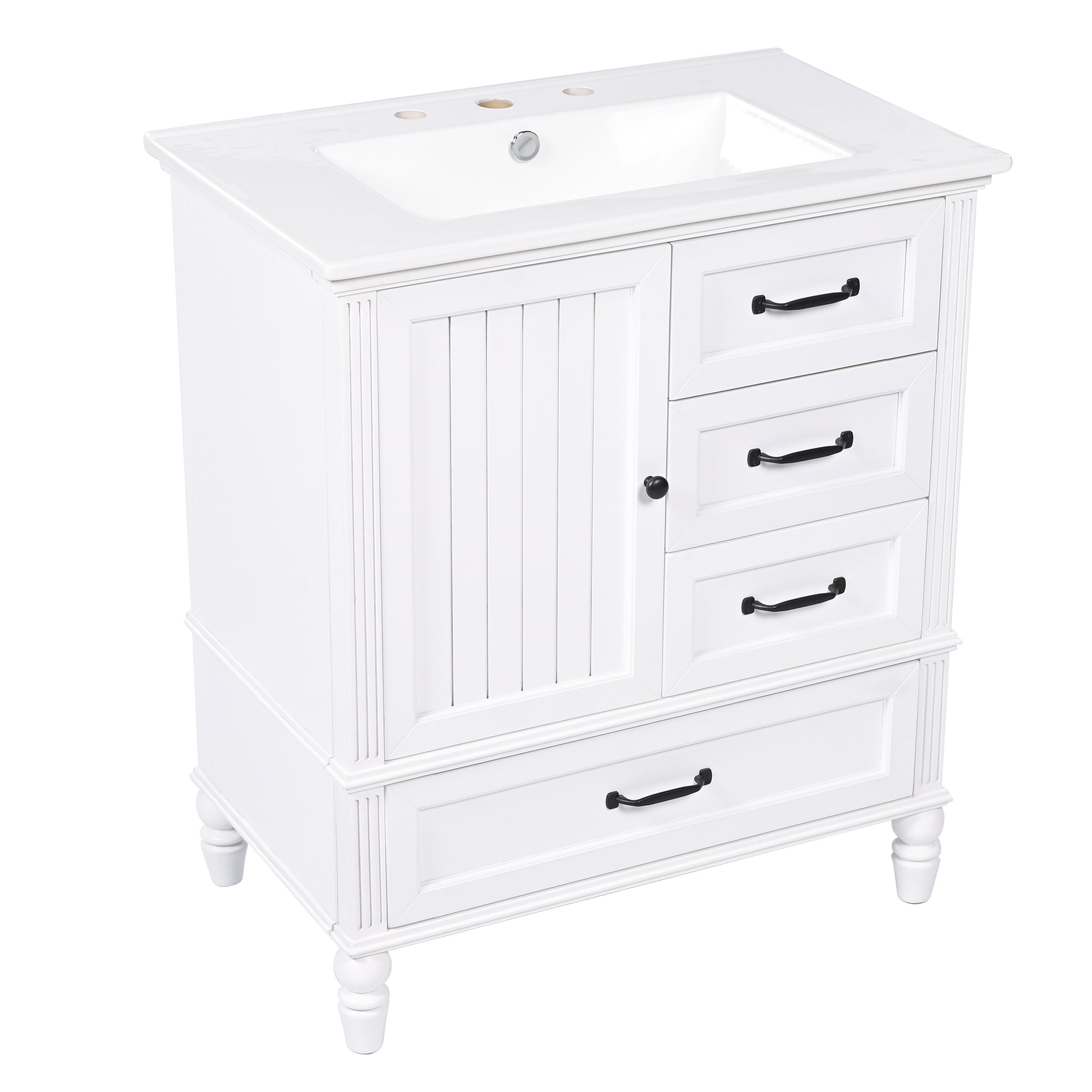30" Bathroom Vanity With Sink, Bathroom Cabinet With A Door, Three Drawers, Solid Wood Legs & Mdf Board, Adiustable Foot Pads, White White Mdf