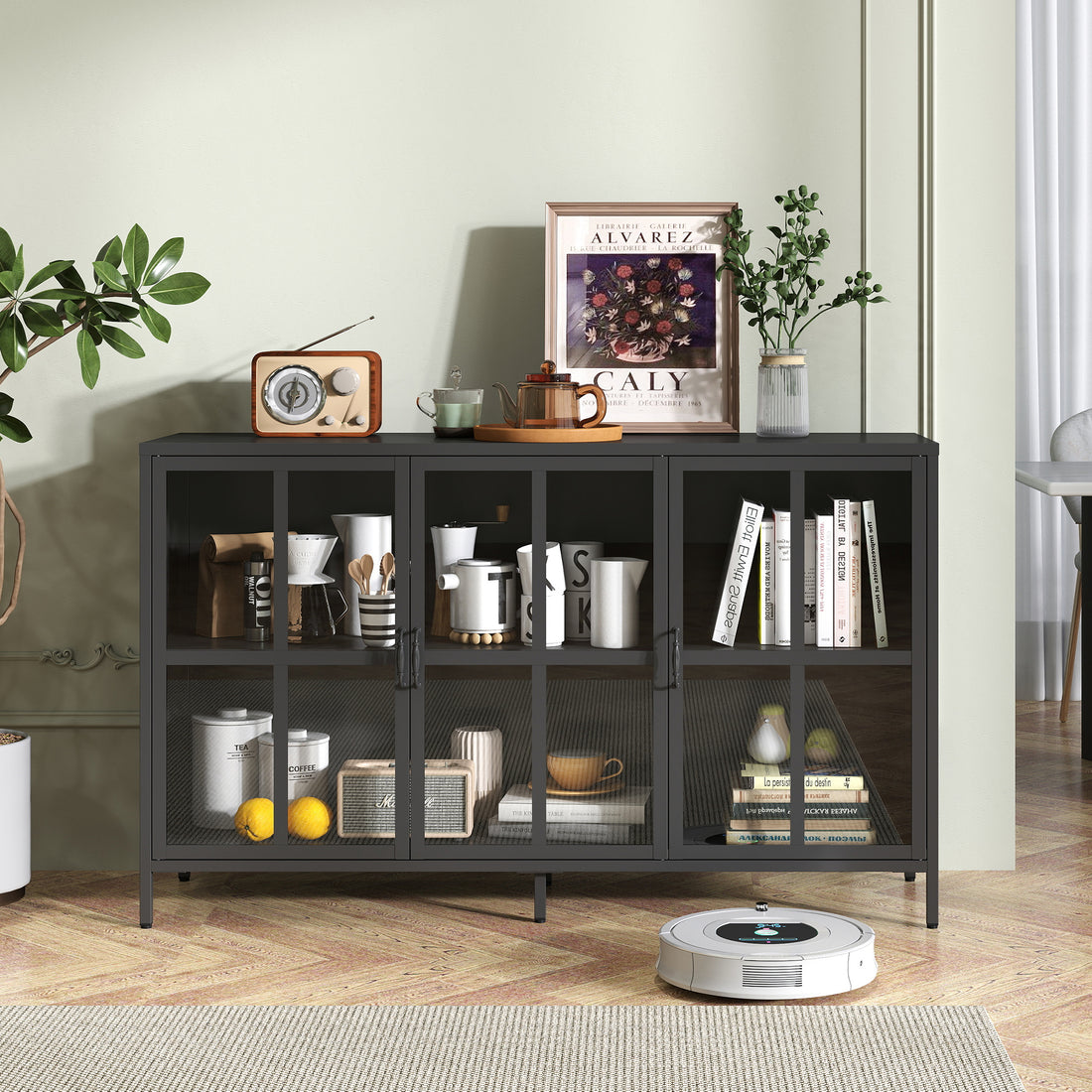 Heavy Duty Metal Modern Sideboard Buffet Cabinet With Storage Premium Steel Storage Cabinet ,Adjustable Feet,Glass Doors,Large Capacity Organizer For Living Room,Bed Room,Dining Room Black Kitchen