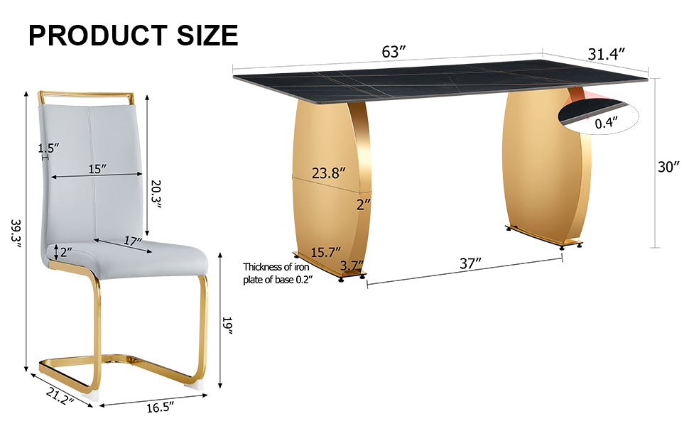 Table And Chair Set,Modern Rectangular Table With 0.4 Inch Black Patterned Tabletop And Gold Legs, Suitable For Kitchen, Dining Room, And Living Roomcomfortable Pu Seats,Perfect For Dinner, Meet Grey Black Seats 6 Sintered Stone