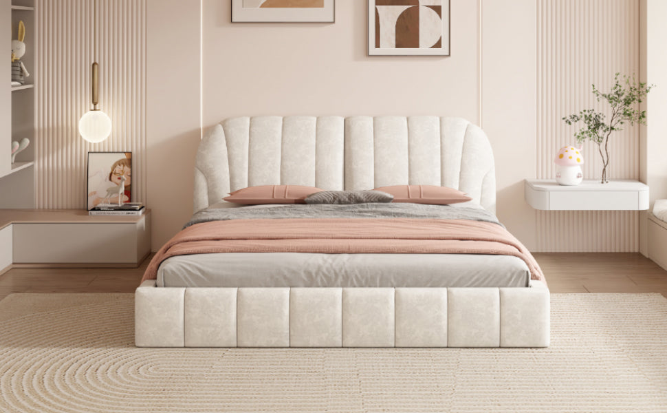 Queen Size Upholstered Platform Bed With Thick Fabric, Polyester, Beige Queen Beige Polyester