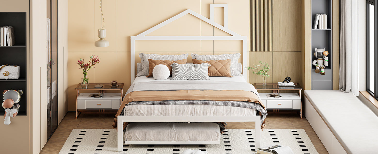 Full Size Metal Platform Bed With Twin Size Trundle,House Shaped Headboard Design, White Full White Metal
