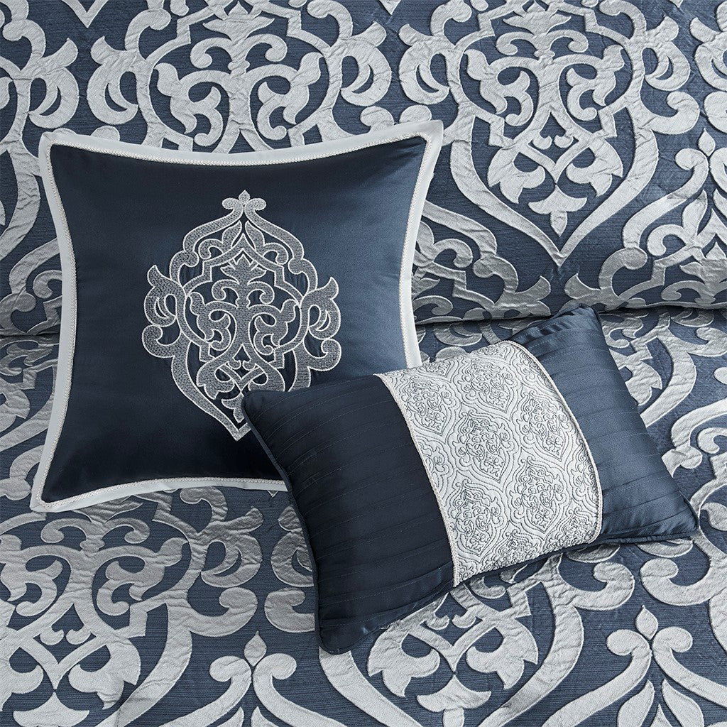 8 Piece Jacquard Comforter Set Navy Silver Queen Queen Navy Silver Polyester