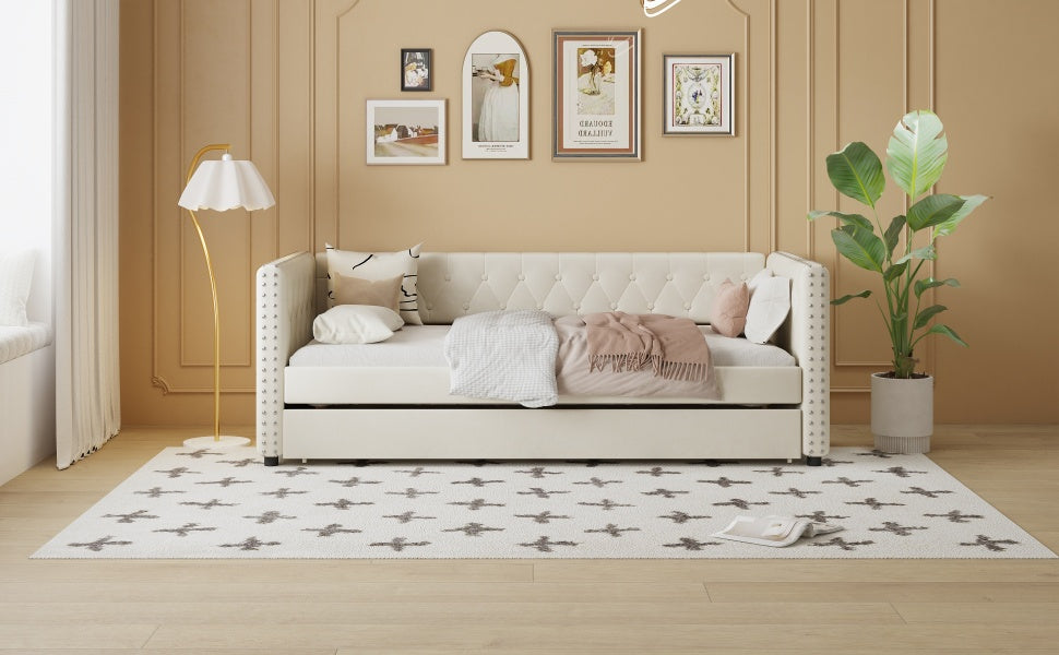 Twin Size Tufted Upholstered Daybed With Trundle, Velvet Sofabed With Rivet Design, No Box Spring Needed,Beige Twin Beige Velvet