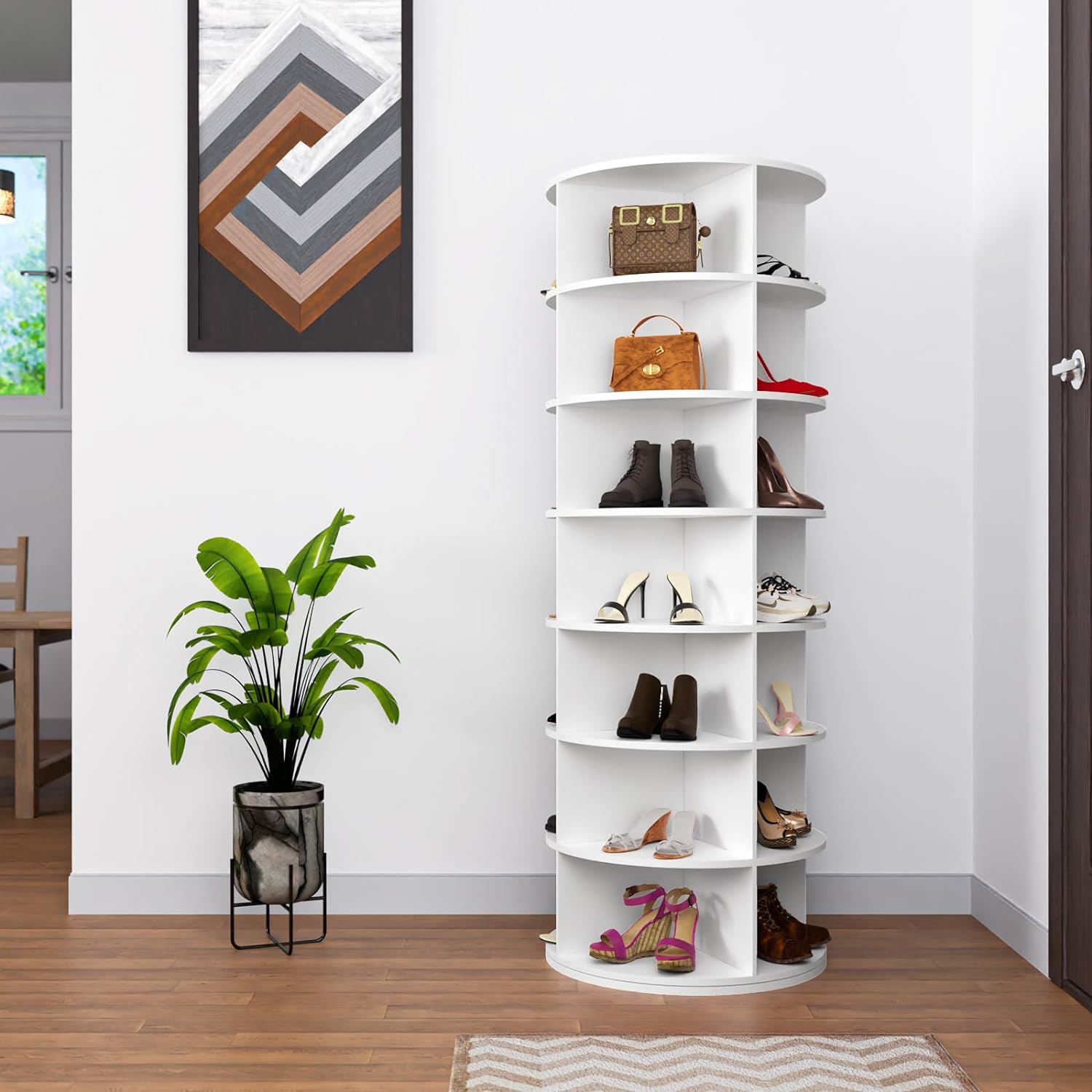 7 Tier Rotating Shoe Rack Tower, Spinning Shoe Display, 360 Shoe Rack Storage Round Carousel, Vertical Handbag Rotate Shoes Closet Organization, Christmas Gift White White Pvc