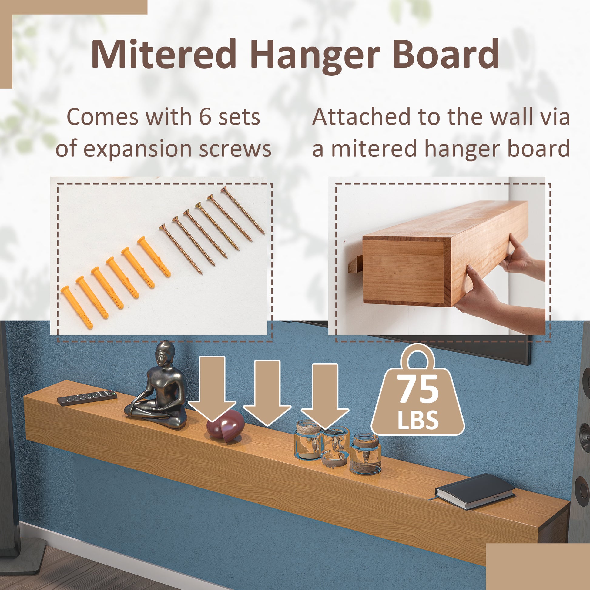 72'' Fireplace Mantel Wooden Wall Mounted Floating Shelf 8" Deep Solid Pine Wood,Natural Natural Wood