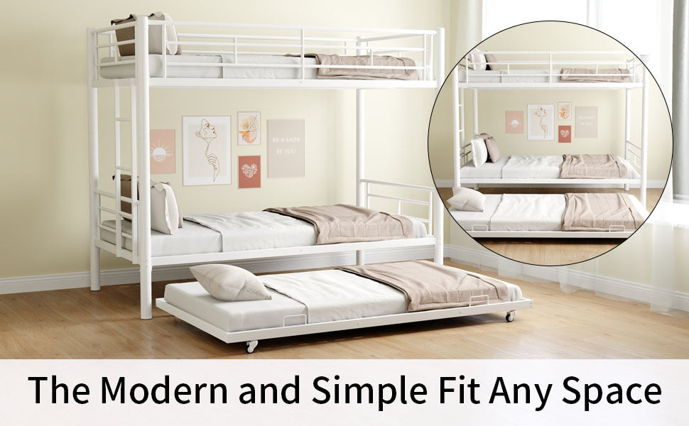 Heavy Duty Sturdy Meta Twin Over Twin With Trundle Bunk Bed L Noise Reduced Safety Guardrail No Box Spring Needed,White Box Spring Not Required Twin White Metal