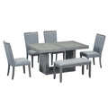 Contemporary 6 Piece 78Inch Extendable Pedestal Dining Table Set With 18Inch Removable Leaf And Dining Bench, 4 Upholstered Dining Chairs, Gray Gray Wood Dining Room Solid Wood Rubberwood Rectangular Dining Table With Chair And Bench Upholstered Chair