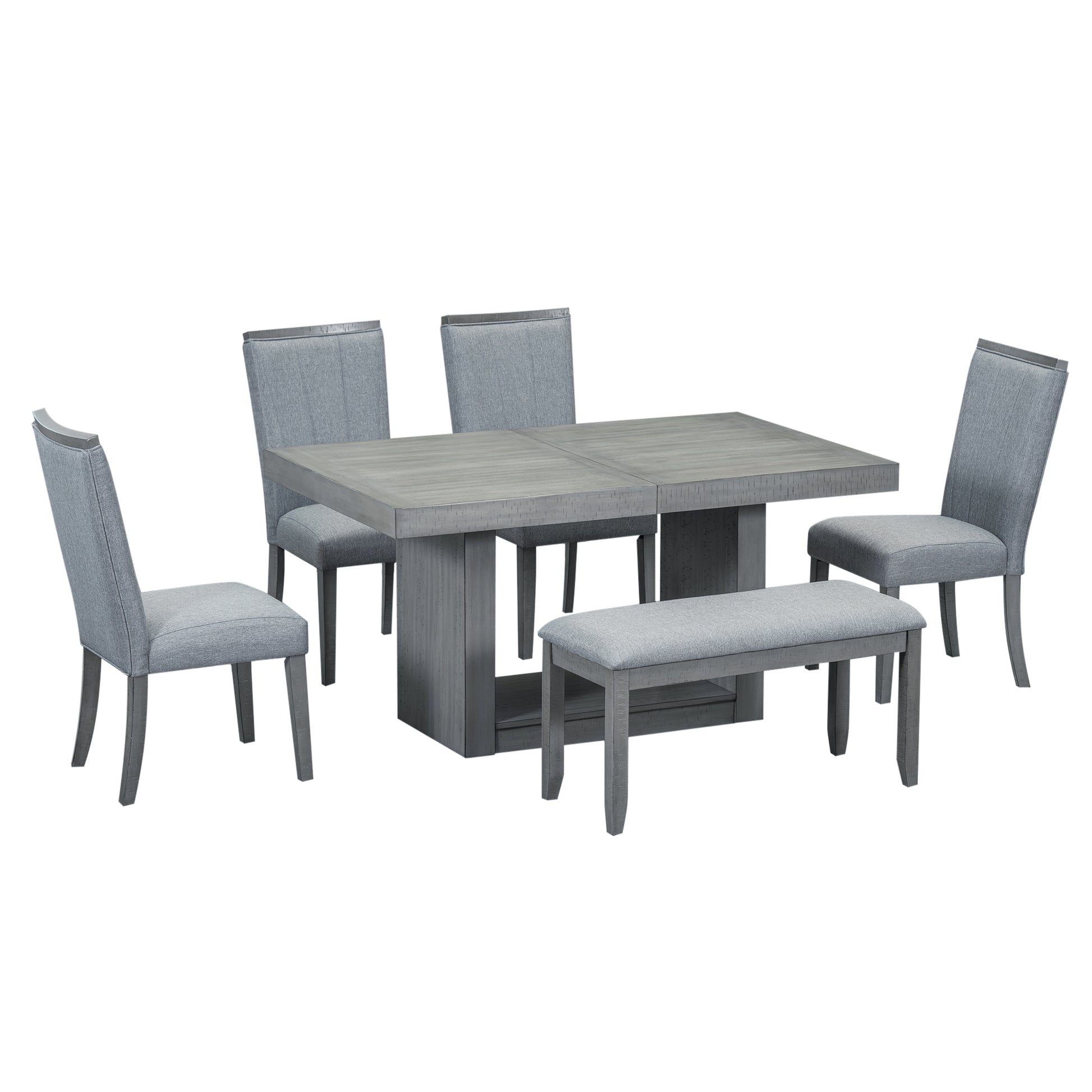 Contemporary 6 Piece 78Inch Extendable Pedestal Dining Table Set With 18Inch Removable Leaf And Dining Bench, 4 Upholstered Dining Chairs, Gray Gray Wood Dining Room Solid Wood Rubberwood Rectangular Dining Table With Chair And Bench Upholstered Chair