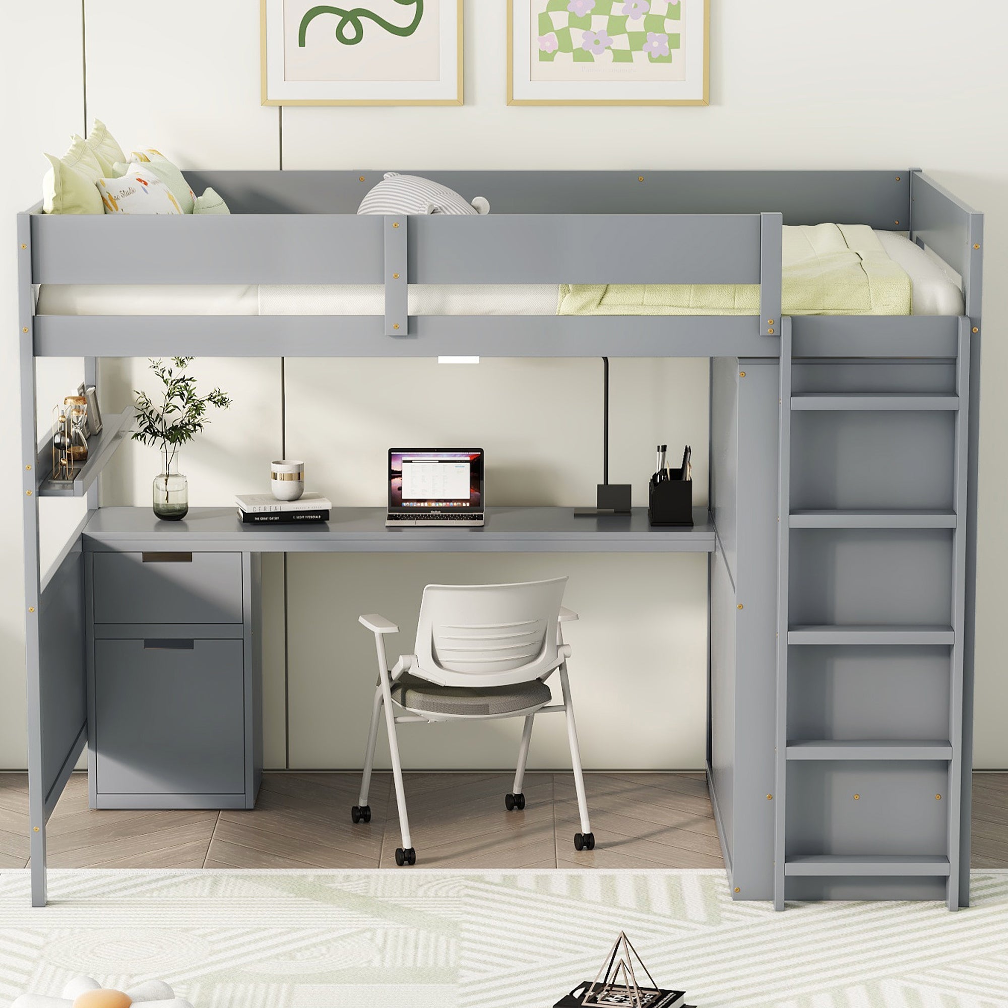 Full Size Wooden Loft Bed With Wardrobe, Desk, Drawers, Shelves, Gray Full Gray Plywood