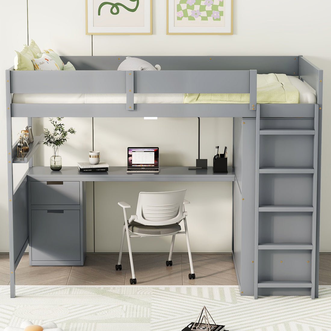 Full Size Wooden Loft Bed With Wardrobe, Desk, Drawers, Shelves, Gray Full Gray Plywood