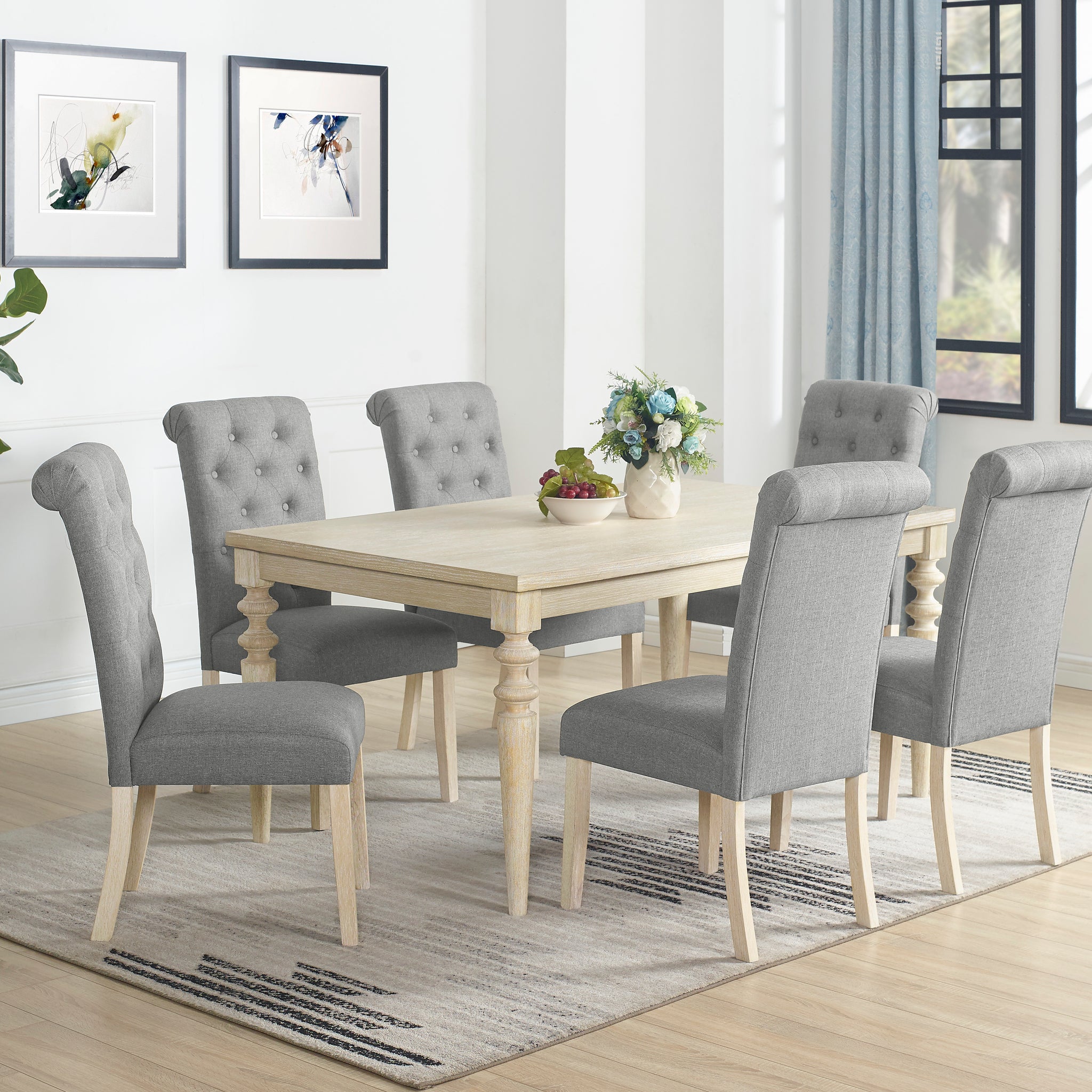 Amonia 7 Piece Dining Set, Turned Leg Dining Table With 6 Tufted Chairs Light Brown Wood Dining Room Fixed Table Rubberwood Rectangular Dining Table With Chair Wood Wood Beige Brown Seats 6 Rectangular 4 Leg Mdf