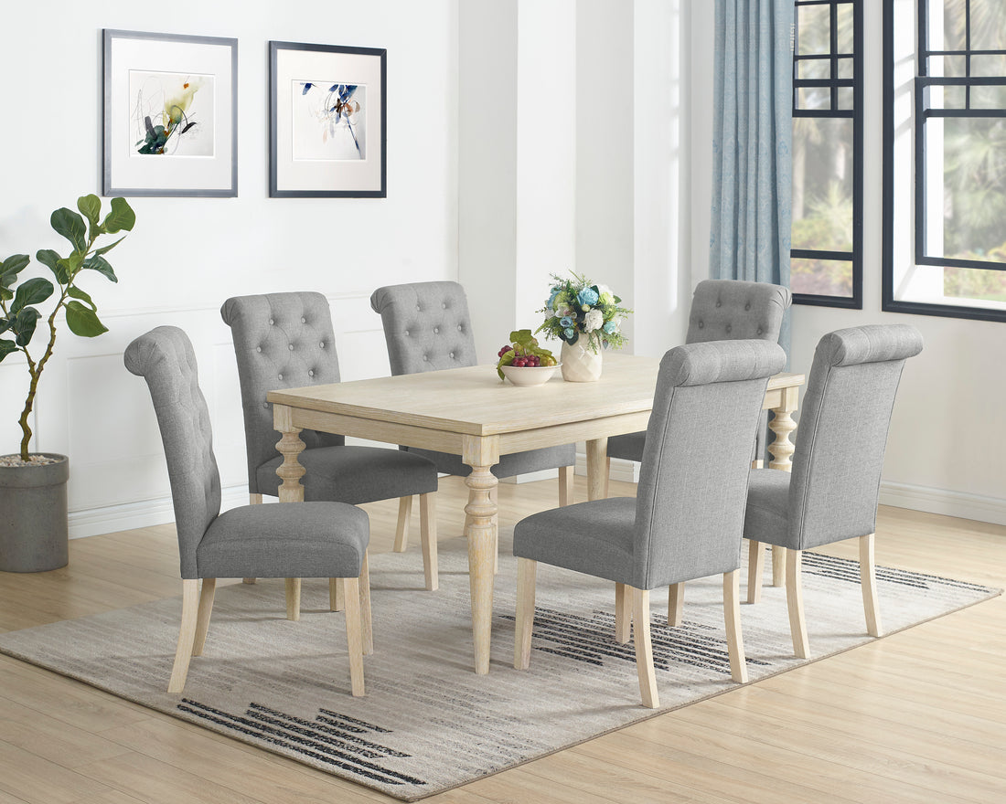 Amonia 7 Piece Dining Set, Turned Leg Dining Table With 6 Tufted Chairs Light Brown Wood Dining Room Fixed Table Rubberwood Rectangular Dining Table With Chair Wood Wood Beige Brown Seats 6 Rectangular 4 Leg Mdf