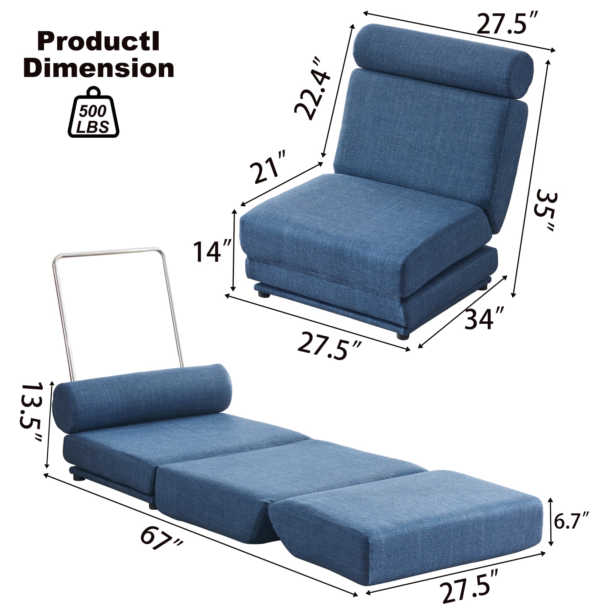 Single Sofa Chair Foldable Single Sofa Bed With Pillow,Portable Foldable Sofa Bed,Leisure Sofa Chair,Easy To Store,Made Ofand Wearable Linen Blue Modern Foam Linen