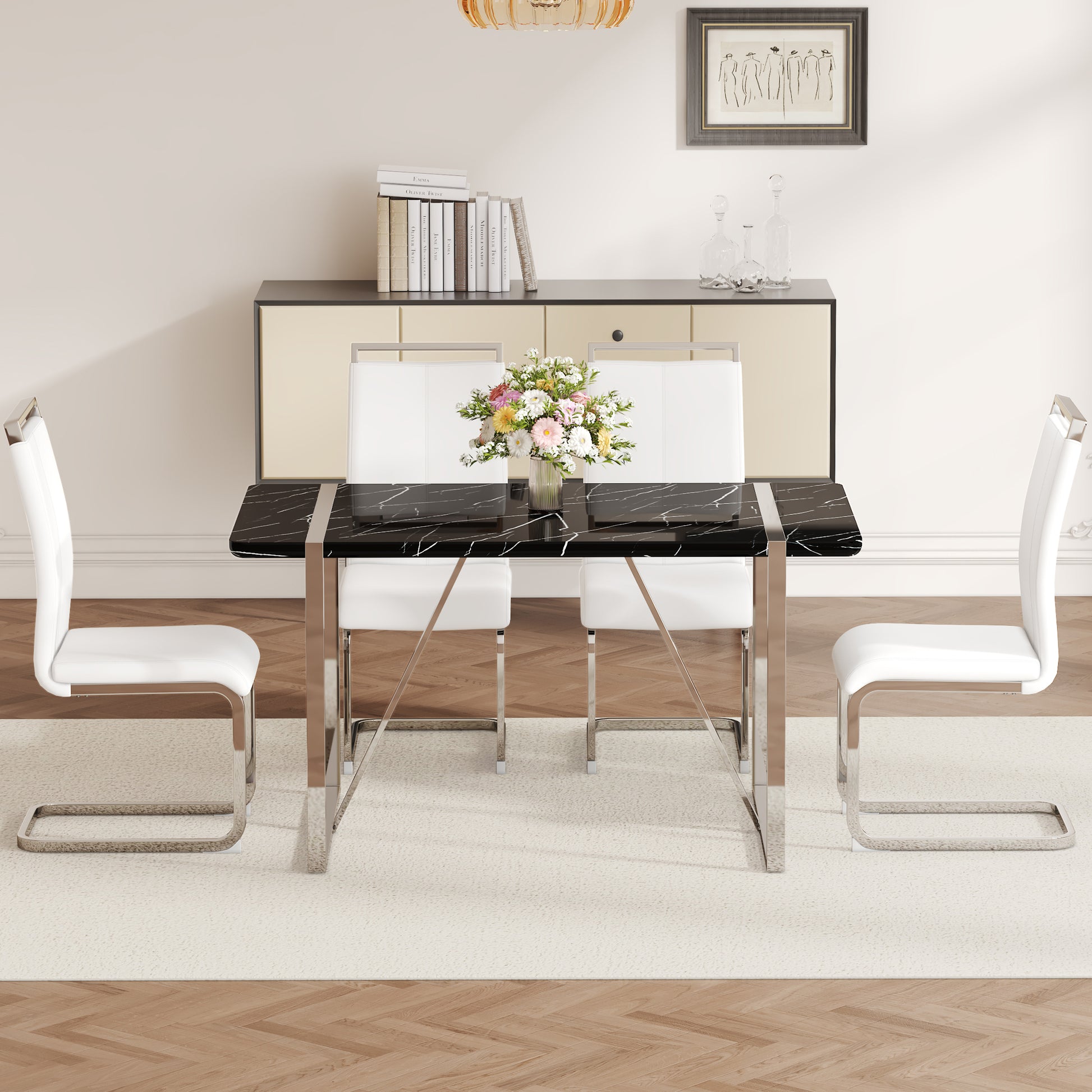 Table And Chair Set.A Rustic Industrial Rectangular Mdf Black Dining Table With Mdf Desktop And Electroplated Silver Metal Legs.Paried With 4 Chairs With Pu Cushion And Metal Legs. White Black Seats 4 Mdf Metal