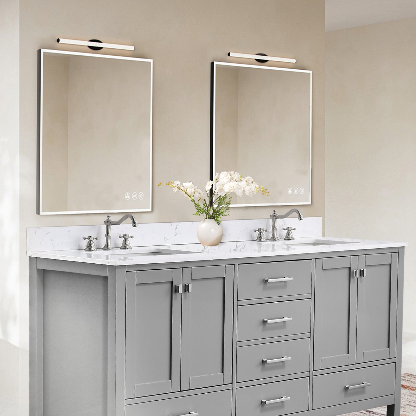 72"X 22" Bathroom Stone Vanity Top Engineered Color With Undermount Ceramic Sink And 3 Faucet Hole With Backsplash White Bathroom Stone