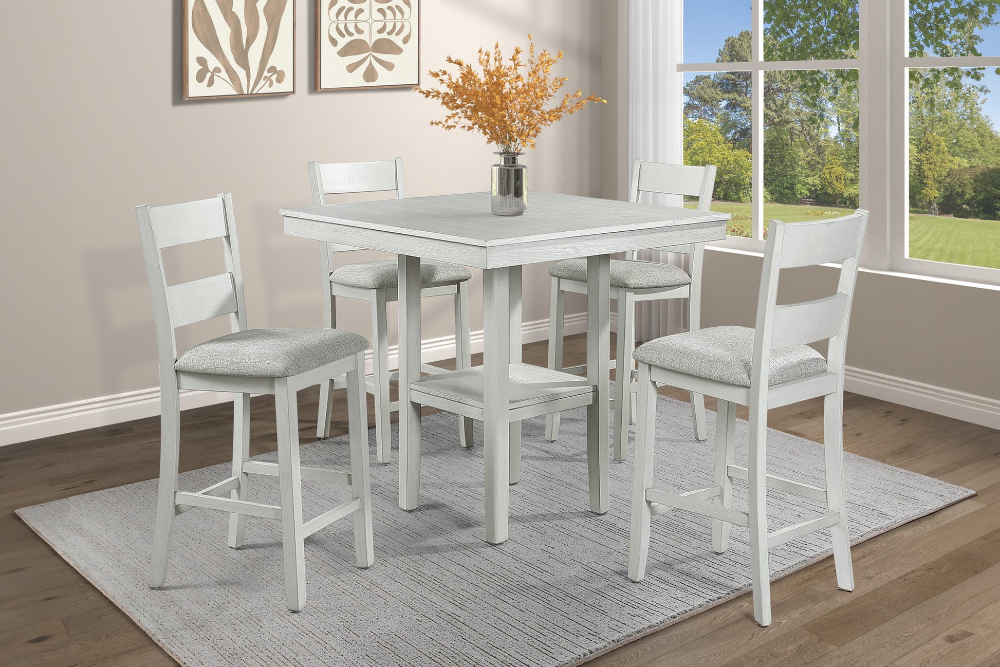 Rustic Farmhouse 5 Pc Counter Height Dining Set Square Table Wood Top Bottom Display Shelf Linen Look Fabric Upholstery Chair Wooden Dining Room Furniture Cream White Wood Drift Wood Finish Dinette Wood Wood Antique White Gray Ladder Back Seats 4 Wood