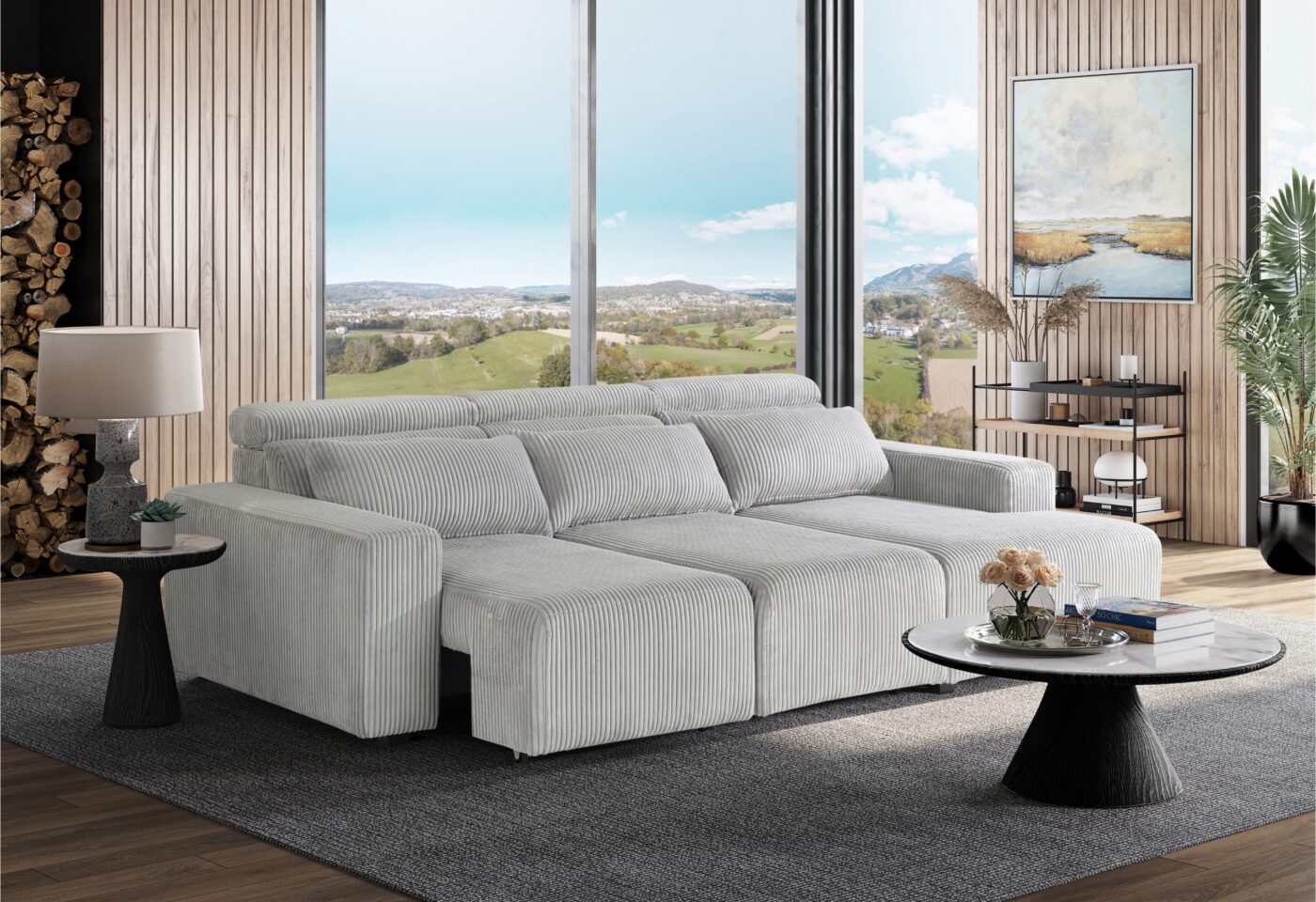Seltos Grey Power Sectional Gray Fabric 5 Seat