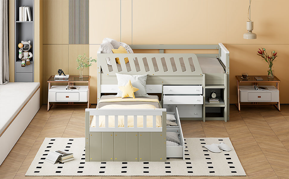L Shaped Space Saving Twin Loft And Twin Platform Bed With 7 Drawers And Full Guardrails White Light Brown Twin Brown White Solid Wood