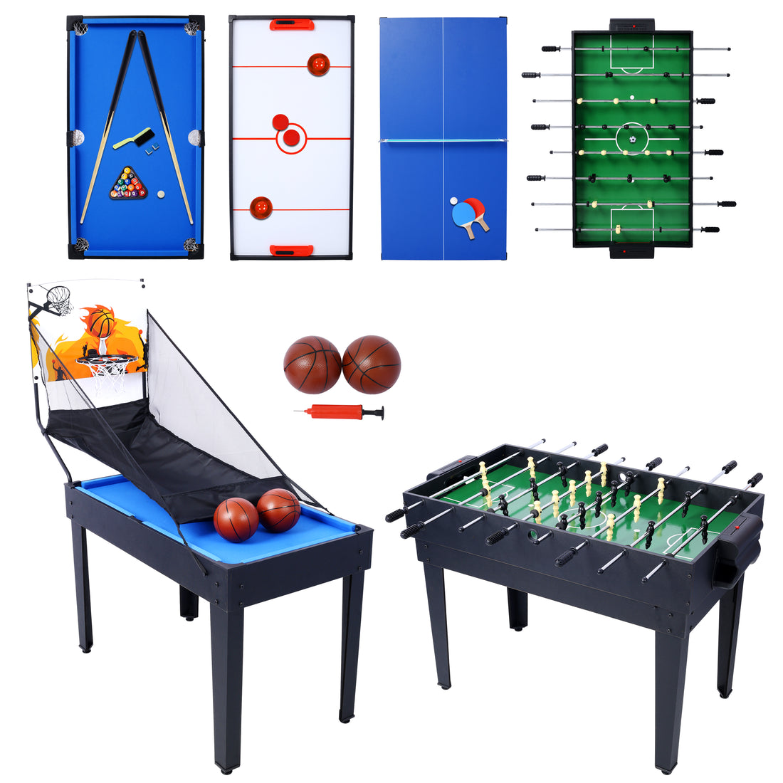 5 In 1 Multi Game Table Billiards, Push Hockey, Foosball, Ping Pong, And Basketball Black Blue Black Mdf Steel