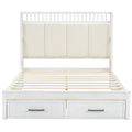 Queen Size Wood Platform Bed With Upholstered Headboard And 2 Drawers, Antique White Box Spring Not Required Queen White Wood Bed Frame Solid Wood Mdf