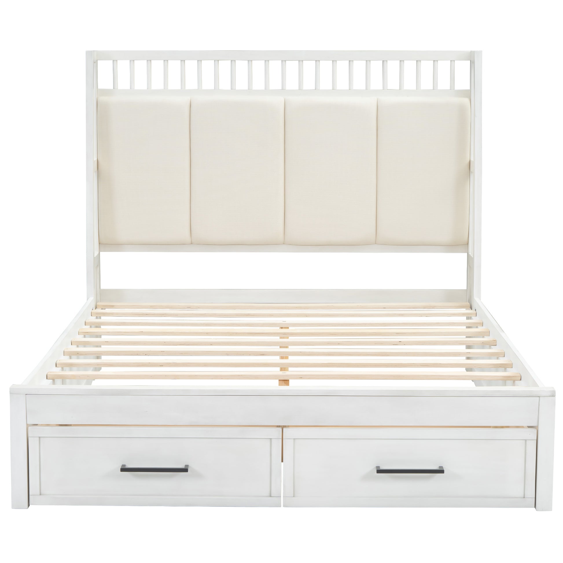 Queen Size Wood Platform Bed With Upholstered Headboard And 2 Drawers, Antique White Box Spring Not Required Queen White Wood Bed Frame Solid Wood Mdf