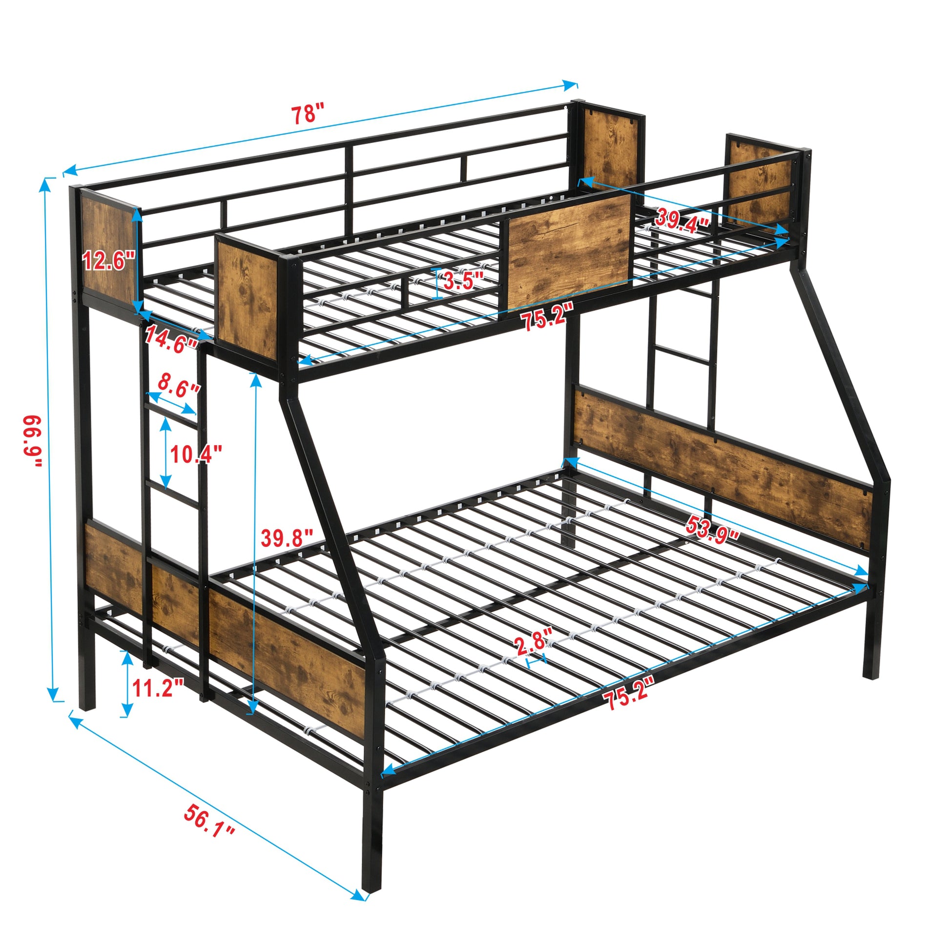 Twin Over Full Metal Bunk Bed With 2 Side Ladder And Full Length Guardrail, No Box Spring Needed, Large Under Bed Storage, Easy Assembleblack & Brown Full Black Brown Mdf Metal