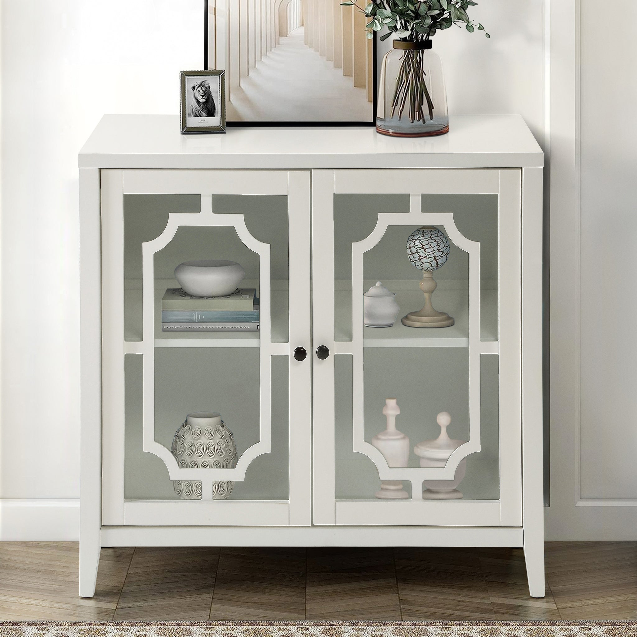 White Console Table With 2 Doors White Primary Living Space Shelves Rectangular Wood Glass