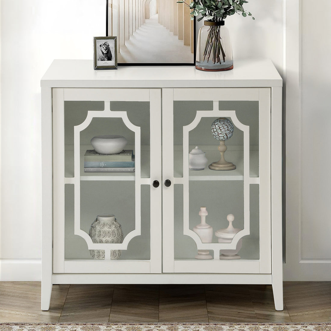 White Console Table With 2 Doors White Primary Living Space Shelves Rectangular Wood Glass