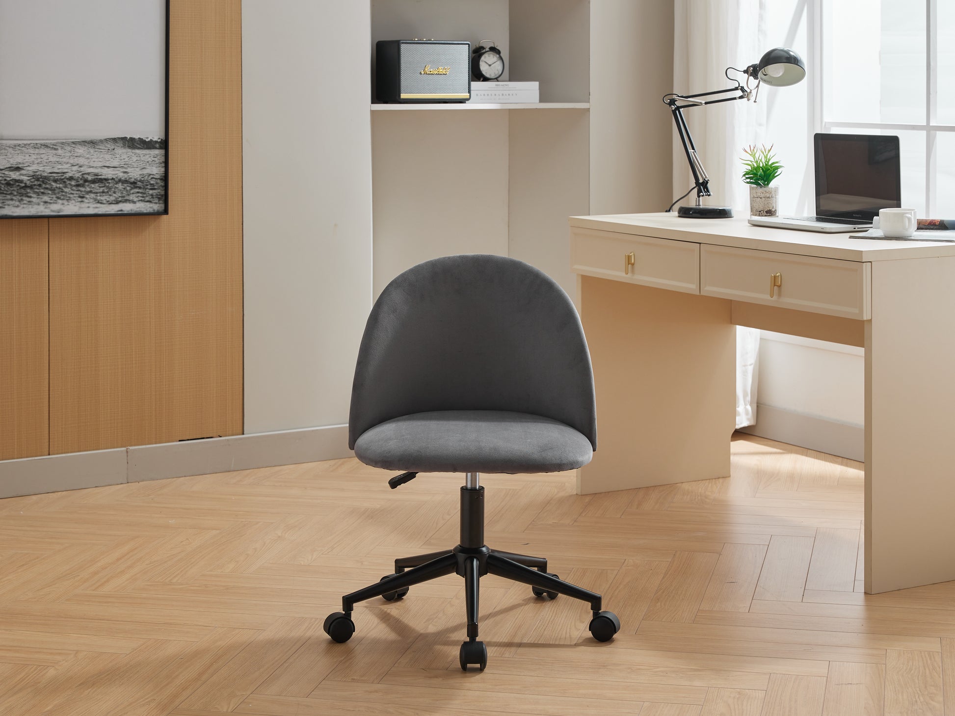 Velvet Fabric Office Chair Desk Chair, Mid Back Adjustable Swivel Computer Chair With Black Legsmodern Upholstered Desk Chair With Wheels Grey Black Foam Polyester Blend