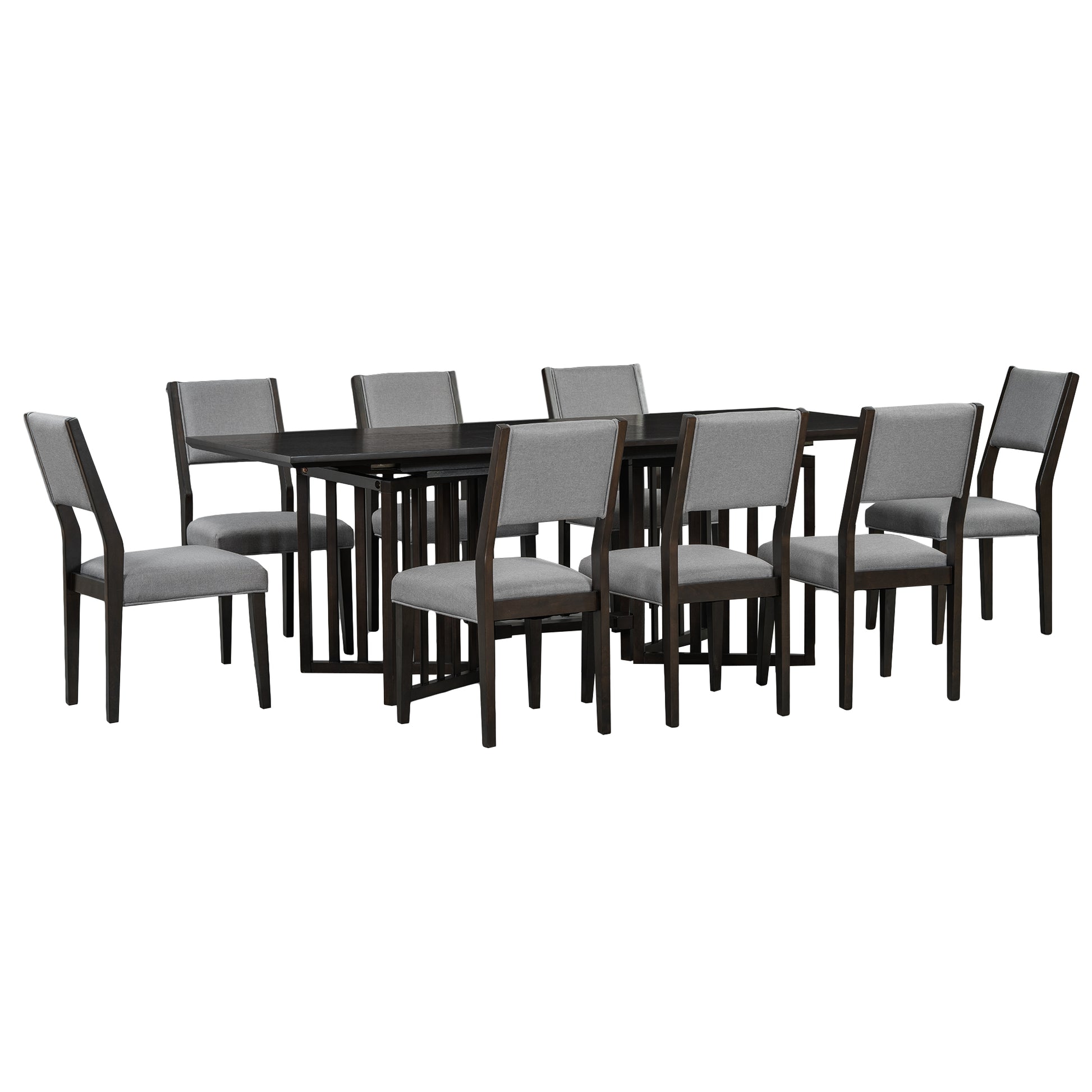 Farmhouse 9 Piece 83.9Inch Extendable Dining Table Set With 2 12 Inch Removable Leaves And 8 Upholstered Dining Chairs, Espresso Wood Dining Room Solid Wood Rubberwood Rectangular Dining Table With Chair Upholstered Chair Wood Espresso Seats 8 Removable