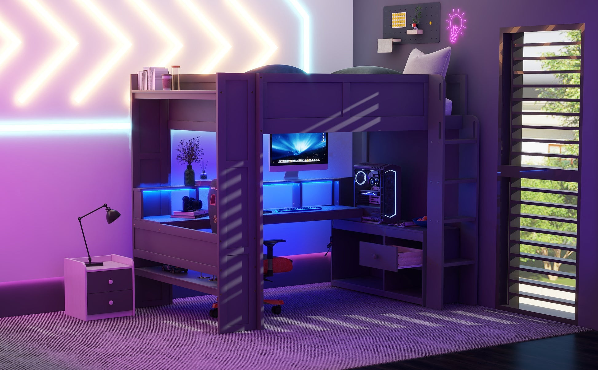 Wood Full Size Gaming Loft Bed With Desk, Multi Storage Shelves, Led And Charging Station, Dark Gray Box Spring Not Required Full Dark Gray Wood Bedroom Bed Frame Solid Wood Mdf