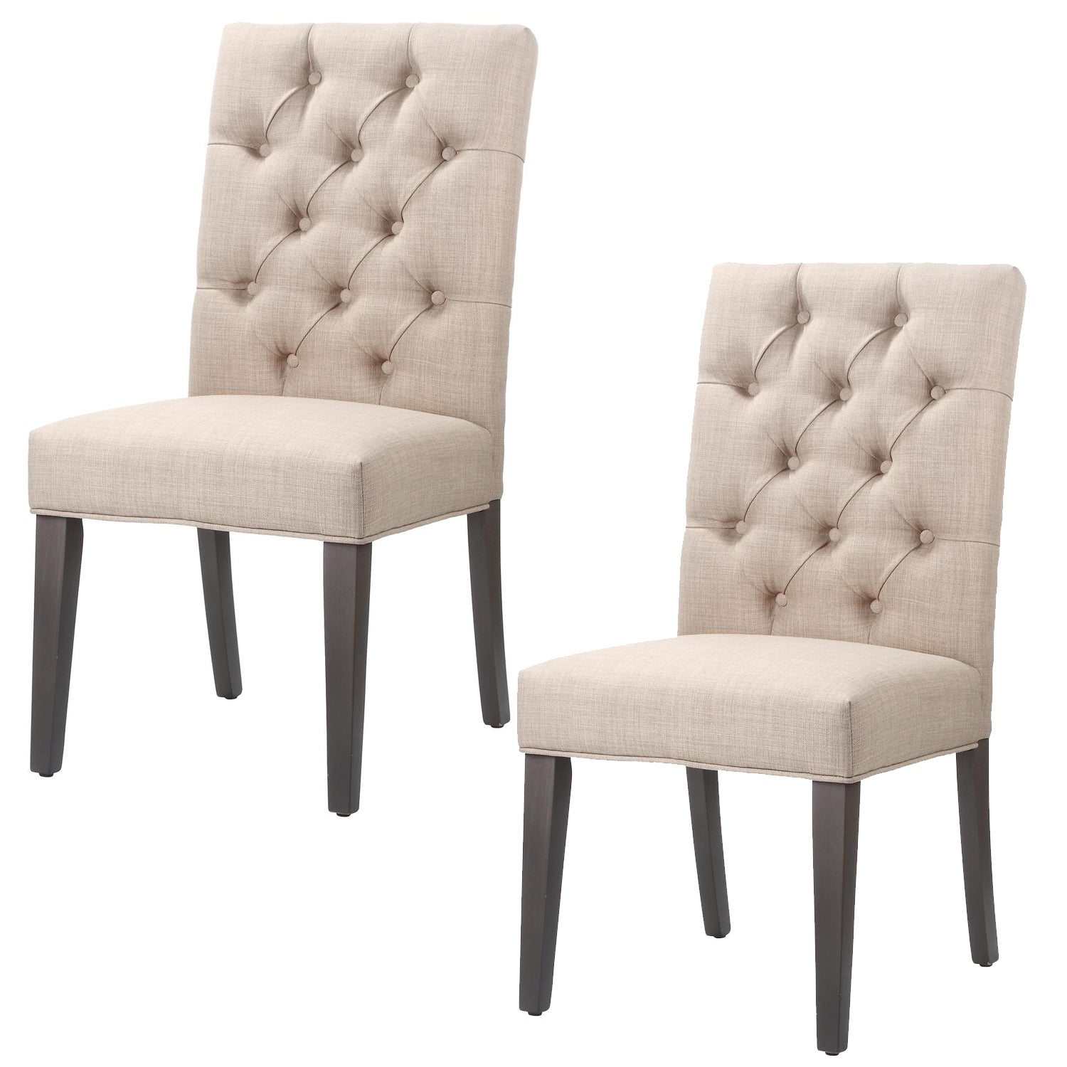 Fabric Upholstered Wooden Chair With Button Tufting, Set Of 2, Beige And Black Beige Black Wood Fabric