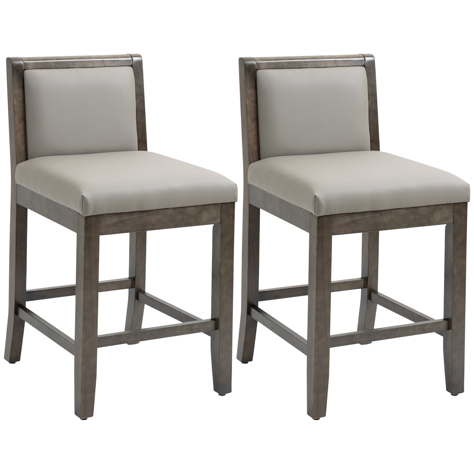 Homcom 25.5" Counter Height Bar Stools Set Of 2, Pu Leather Kitchen Stool, Upholstered Bar Chairs With Back, Wood Legs, Grey Grey Rubber Wood