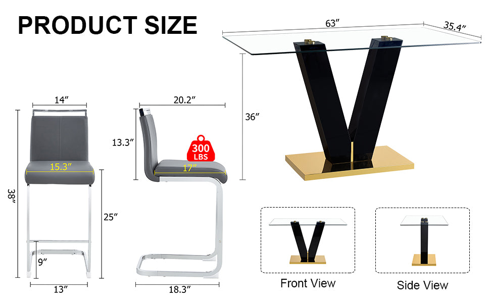 Table And Chair Set. A Rectangular Glass Dining Table With A 0.4 Inch Tempered Glass Tabletop And Mdf Board V Shaped Bracket, Paired With Chairs Consisting Of Pu Seat Cushions And Silver Metal Legs. Black Gray Seats 4 Tempered Glass