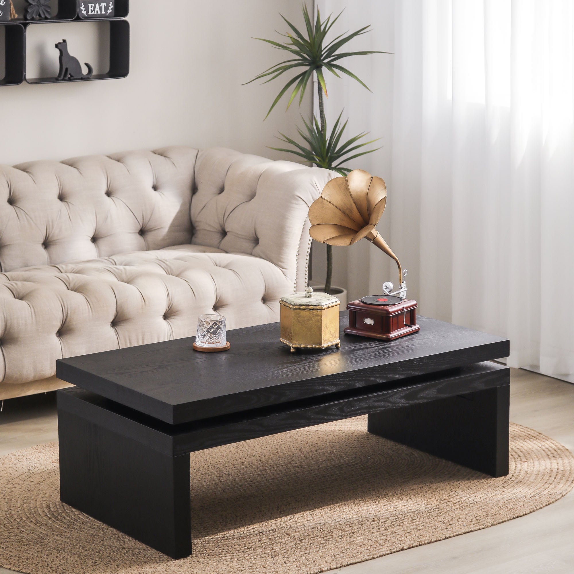 Modern Coffee Table, Black Wooden Coffee Table, Rectangle Cocktail Tea Table For Living Room, 47.6" L* 23.6" W * 16.3" H Antique Black,Black Desk Top Distressed Finish Dining Room Classic,Farmhouse,Industrial,Modern Floor Mount Ash Rectangular Coffee &