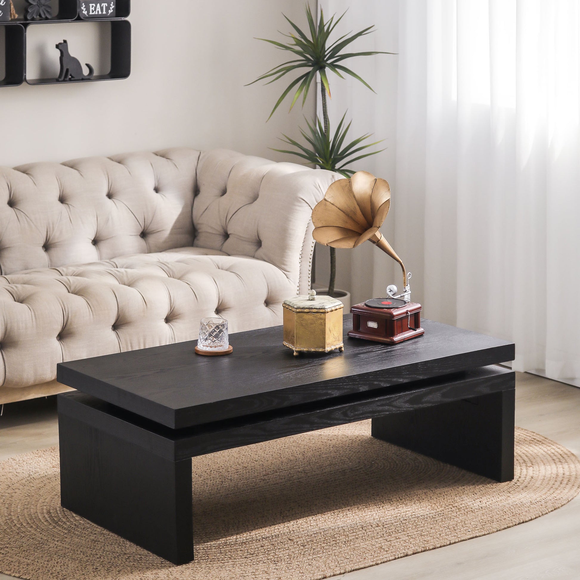 Modern Coffee Table, Black Wooden Coffee Table, Rectangle Cocktail Tea Table For Living Room, 47.6" L* 23.6" W * 16.3" H Antique Black,Black Desk Top Distressed Finish Dining Room Classic,Farmhouse,Industrial,Modern Floor Mount Ash Rectangular Coffee &