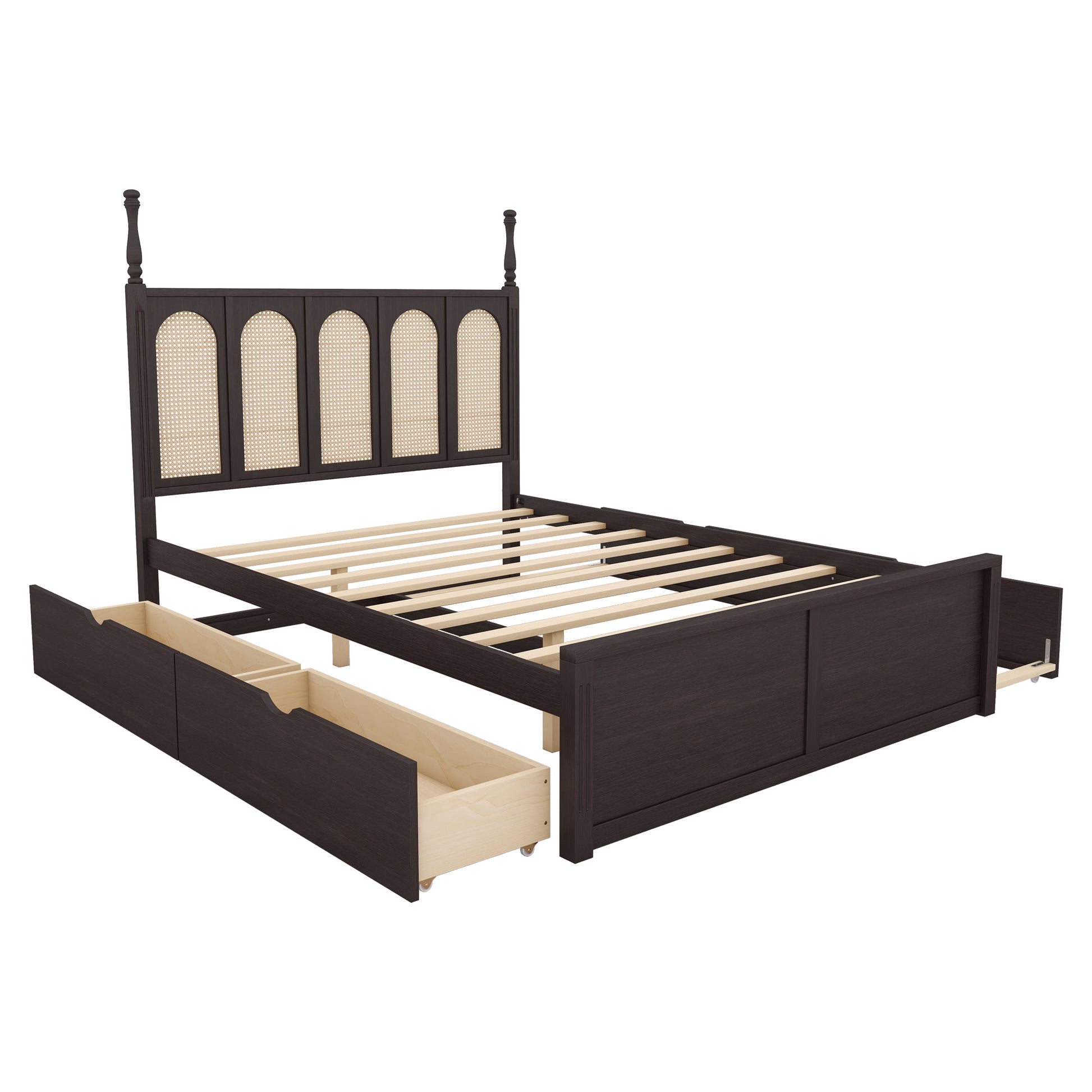 Queen Size Rattan Platform Bed With With 2 Big Drawers, T Size Trundle, Espresso Queen Espresso Plywood