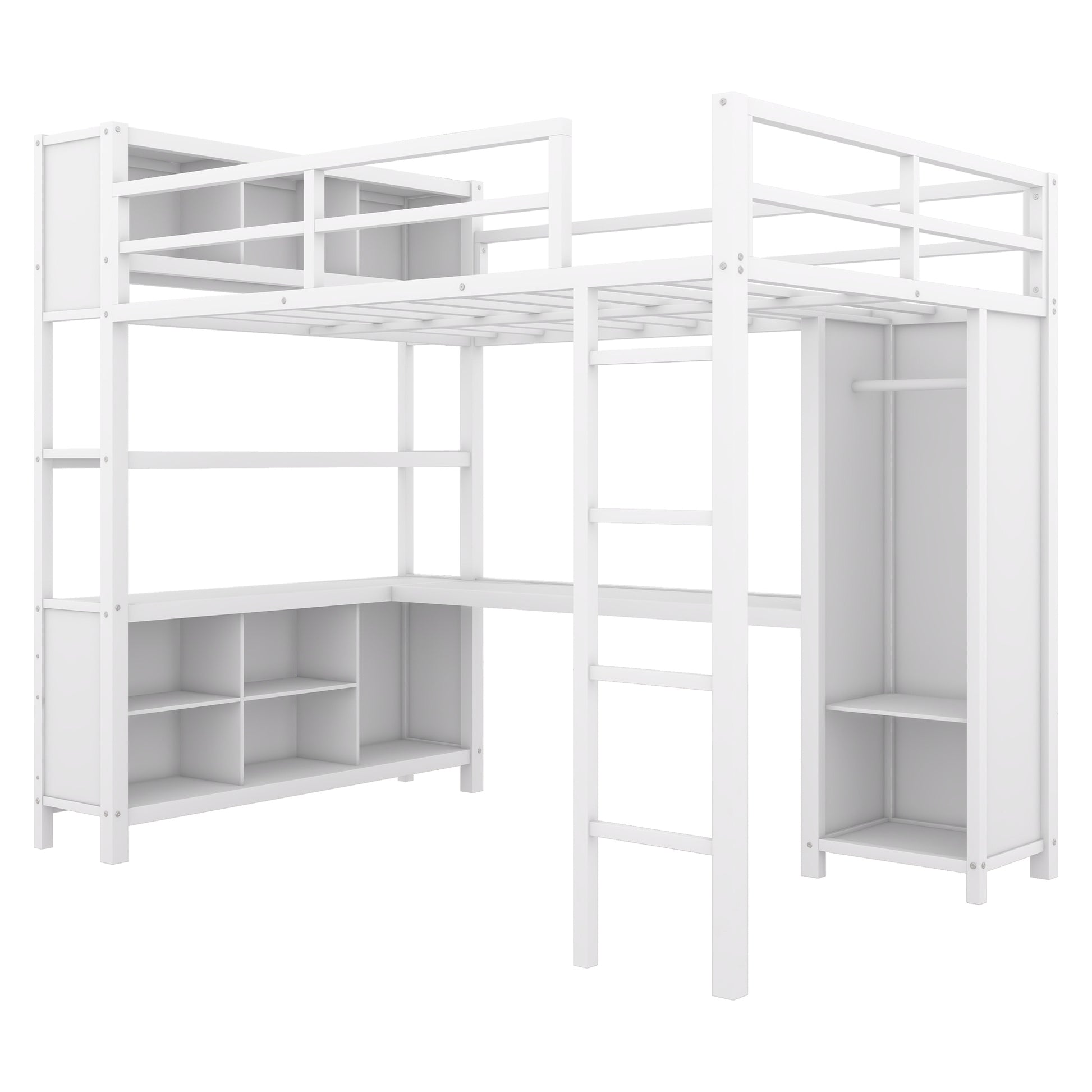 Metal Loft Bed With Wardrobe And L Shaped Desk, Full Size Loft Bed With Storage Cubes And Shelves, Heavy Duty Loft Bed For Kids Teens Adults, White Pre Sale Date: August 10Th Full Off White Metal