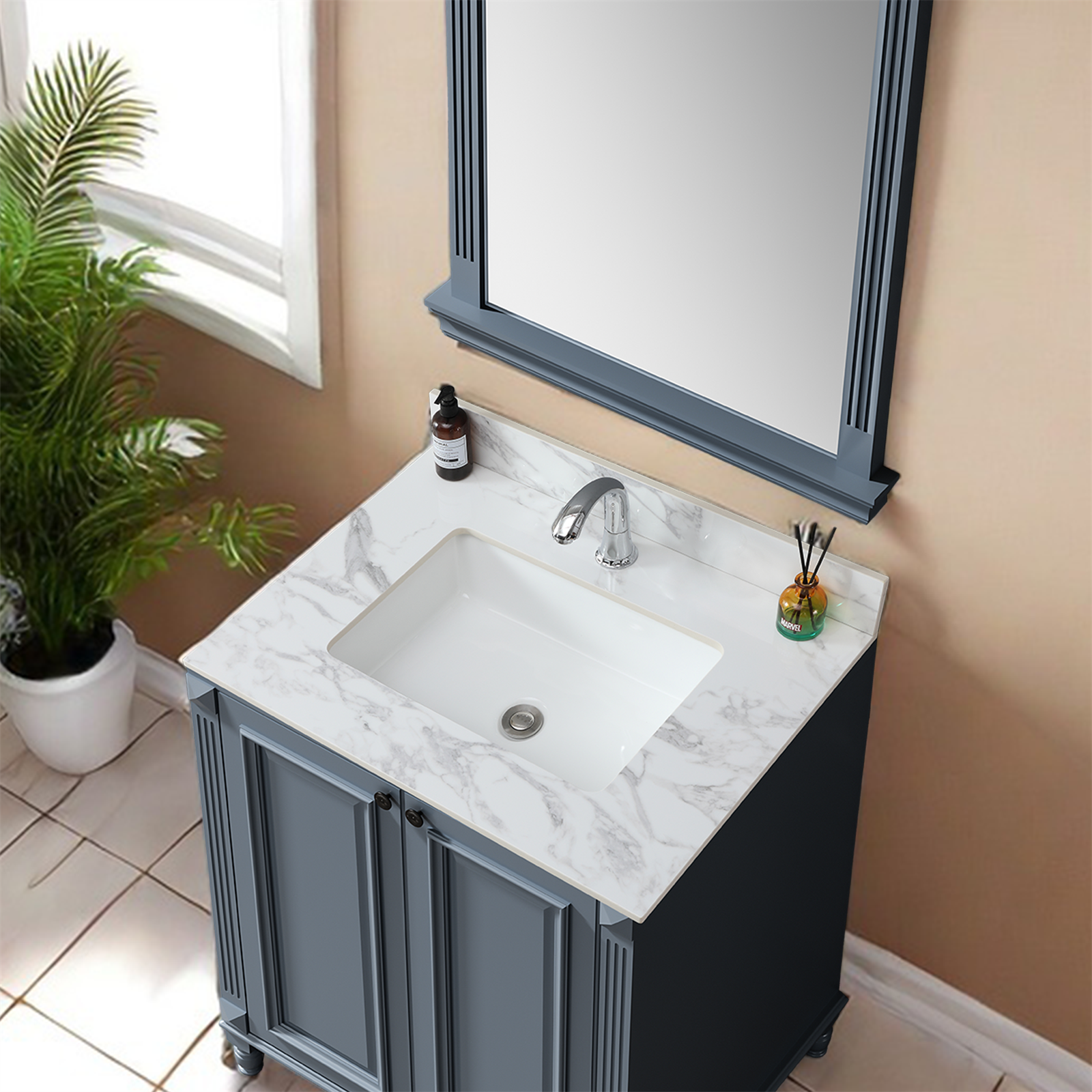 31"X22"Bathroom Vanity Top,Sintered Stone Carra White Barthroom Vanity Sink Tops With Rectangular Undermount Ceramic Sink With Vanity Backsplash, Single Faucet Hole Bathroom Vanity Countertop White