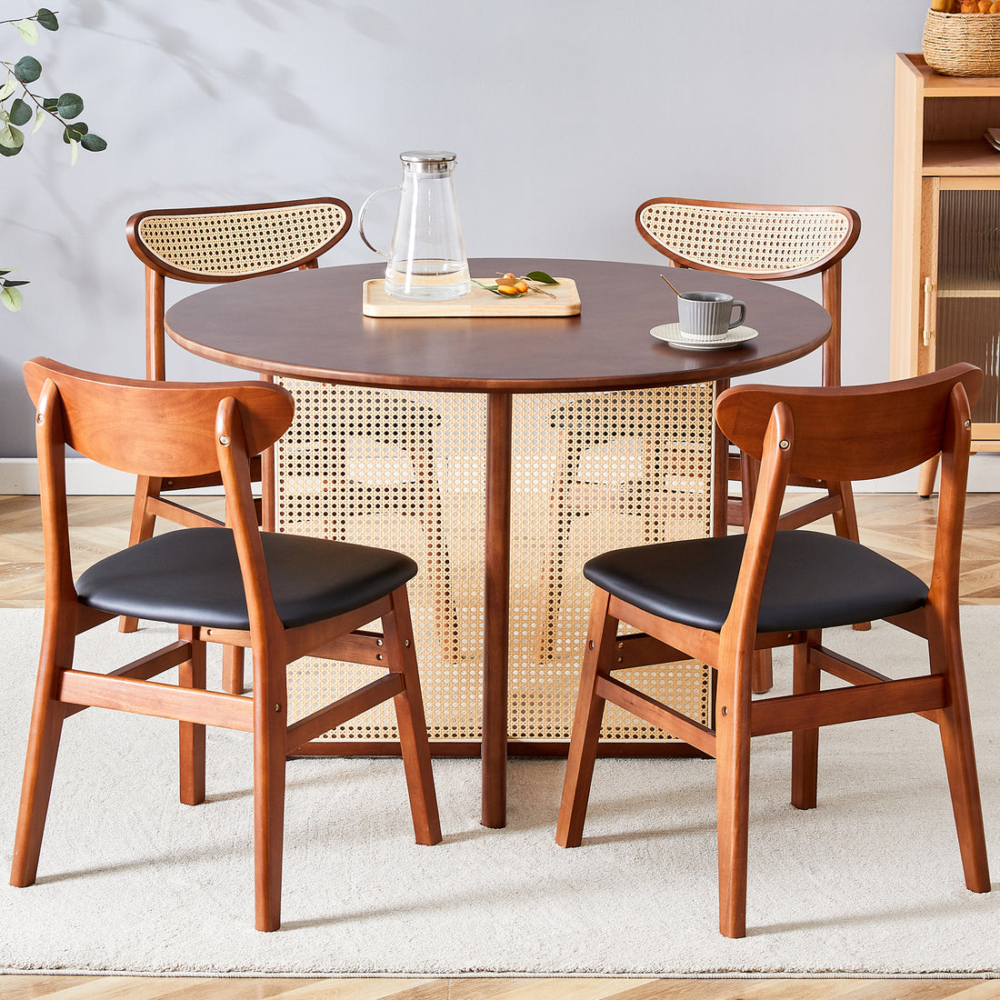 Table And Chair Set, Ancient Style Solid Wood Dining Table, Imitation Rattan Table Legs, Beautiful Simple Solid Wood Dining Chair, Perfect For Dinner, Meetings, Home And Office Decoration Walnut Rubber Wood