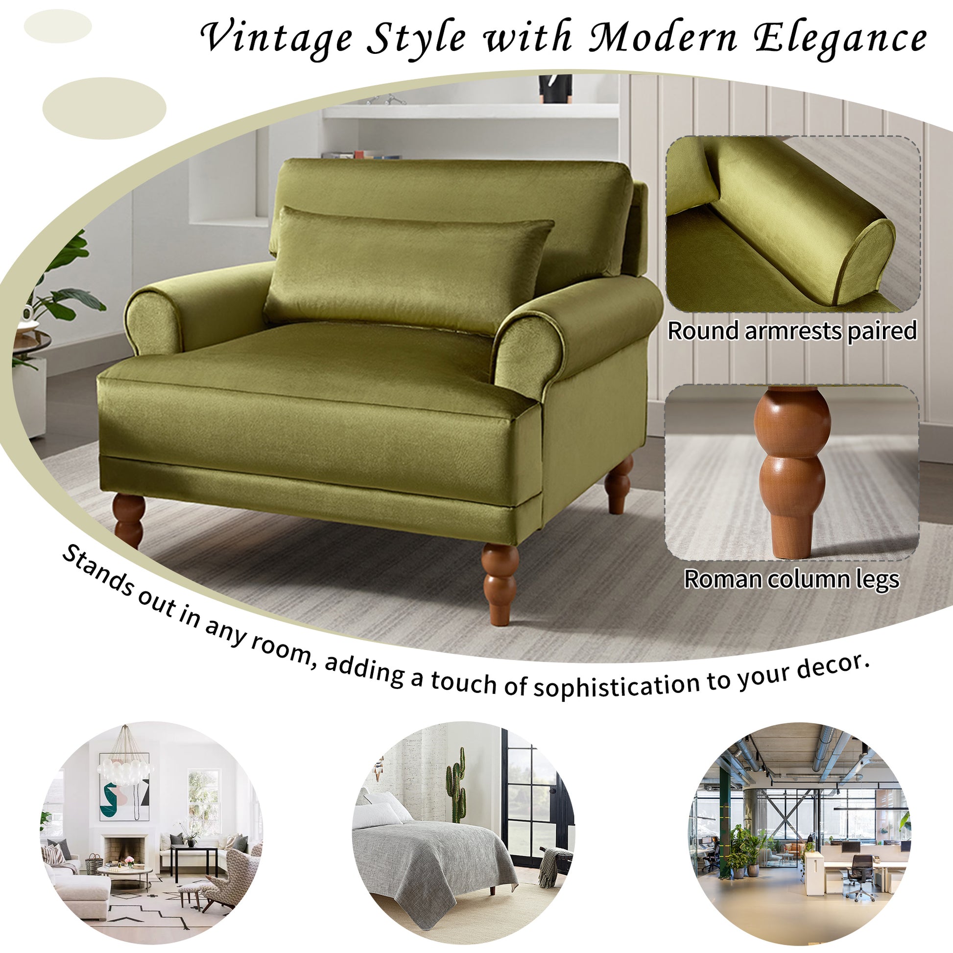 Mirod Elegant Circular Armrests, Ergonomic Lumbar Support, Vintage Roman Column Legs, Luxurious Large Size, Enhances Living Room Aesthetics, For Living Room,Bedroom And Study Green Velvet