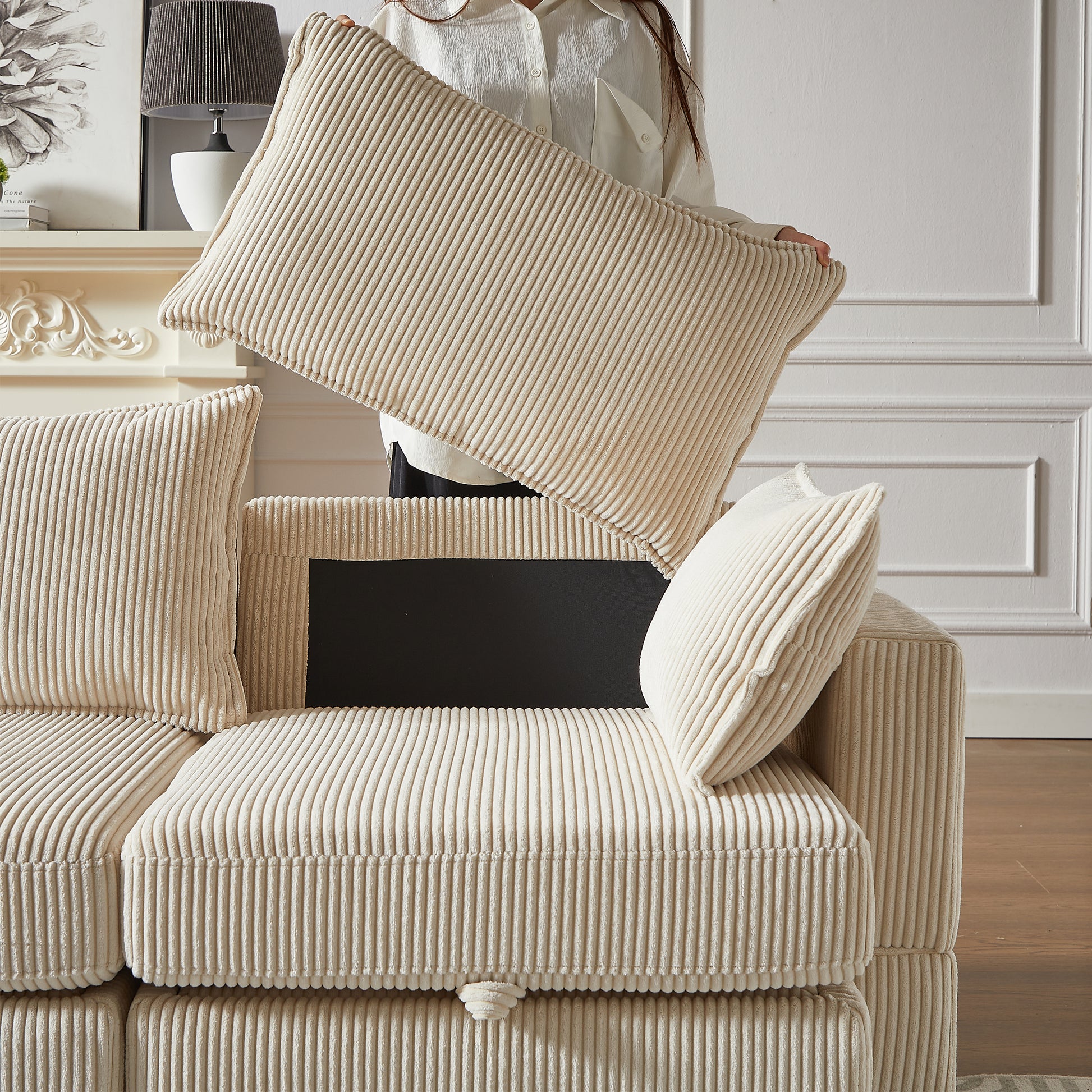 113.5'' Modular Sectiona Corduroy Sofa, Sectional Couches For Living Room U Shaped Sectional Couch With Storage Ottoman, 6 Seats Convertible Sectionals With Chaise Beige Corduroy 3 Seat