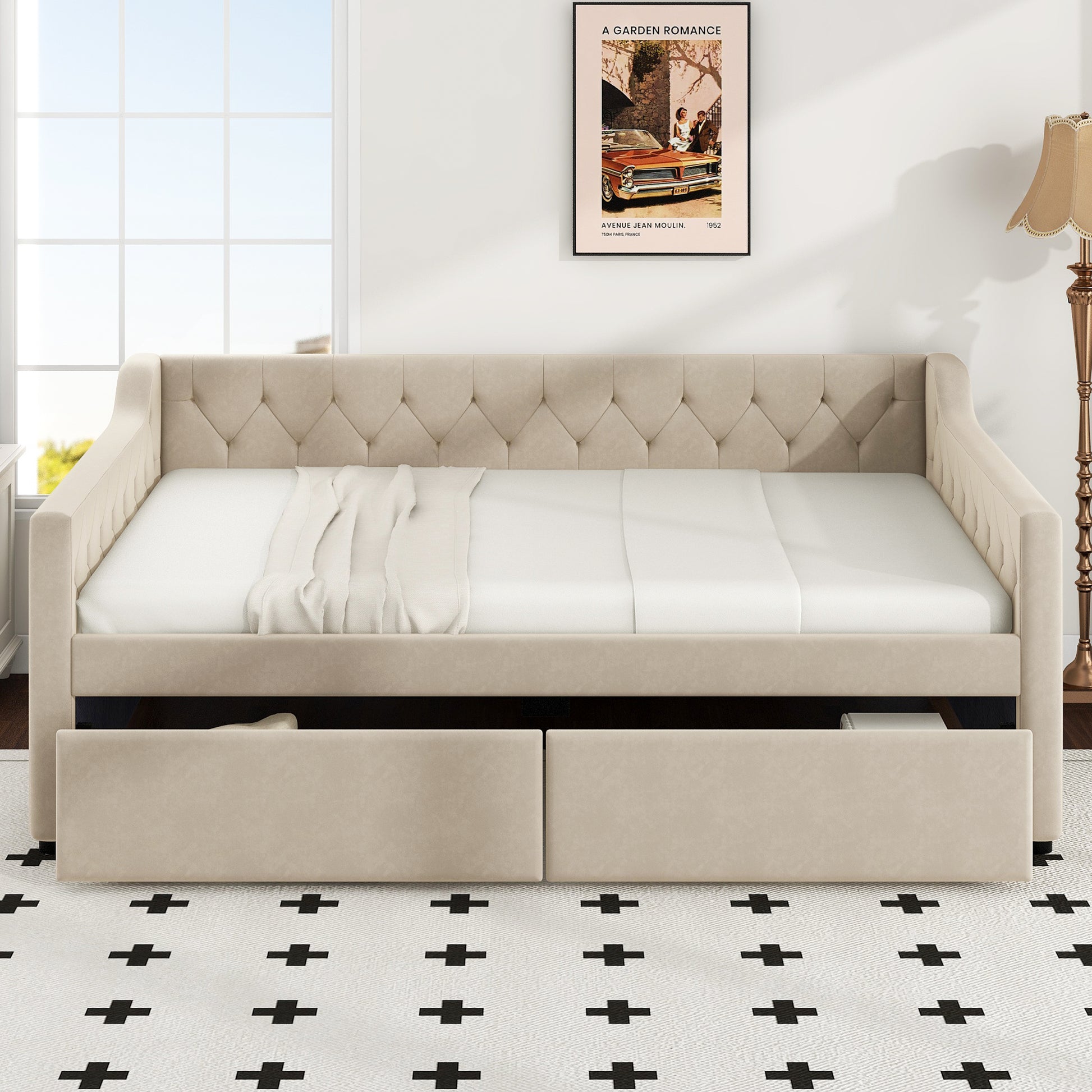 Full Size Upholstered Tufted Daybed With 2 Drawers, Beige Box Spring Not Required Full Beige Wood Daybeds Velvet Upholstered