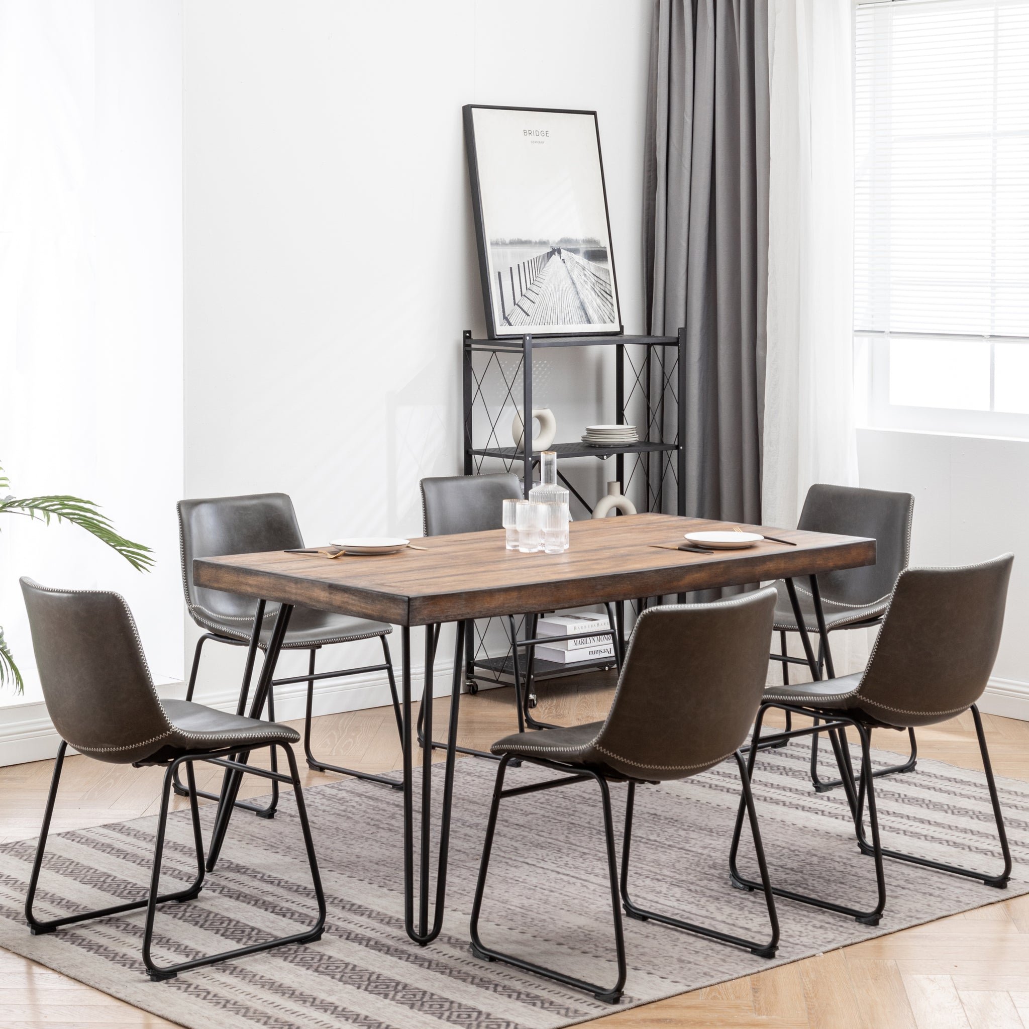 Aryven Industrial 7 Piece Dining Set, Antique Gray Brown Metal Dining Room Fixed Table Rubberwood Rectangular Dining Table With Chair Metal Wood Brown Seats 6 Rectangular 4 Leg Mdf Metal