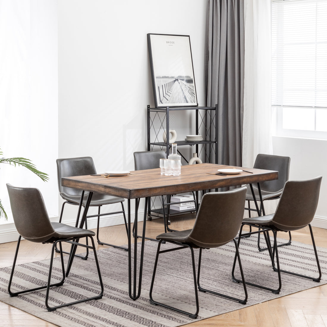 Aryven Industrial 7 Piece Dining Set, Antique Gray Brown Metal Dining Room Fixed Table Rubberwood Rectangular Dining Table With Chair Metal Wood Brown Seats 6 Rectangular 4 Leg Mdf Metal