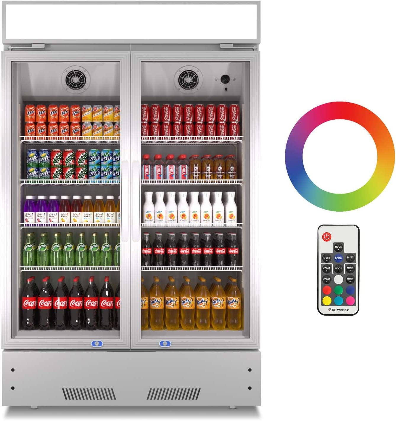 Commercial Refrigerator 2 Glass Door Reach In Cooler, Commercial Display Merchandiser Fridge, Capacity 17.1 Cuft, Etl Approved, Silver Silver Steel