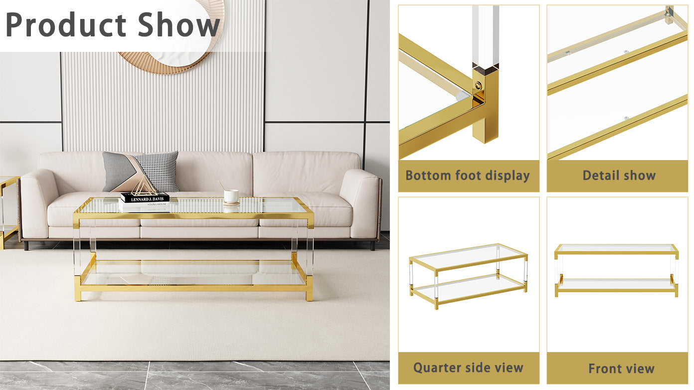 Modern Minimalist Style Gold Metal Frame With Acrylic Leg Coffee Table Cs 1195 Golden,Transparent Glass Acrylic