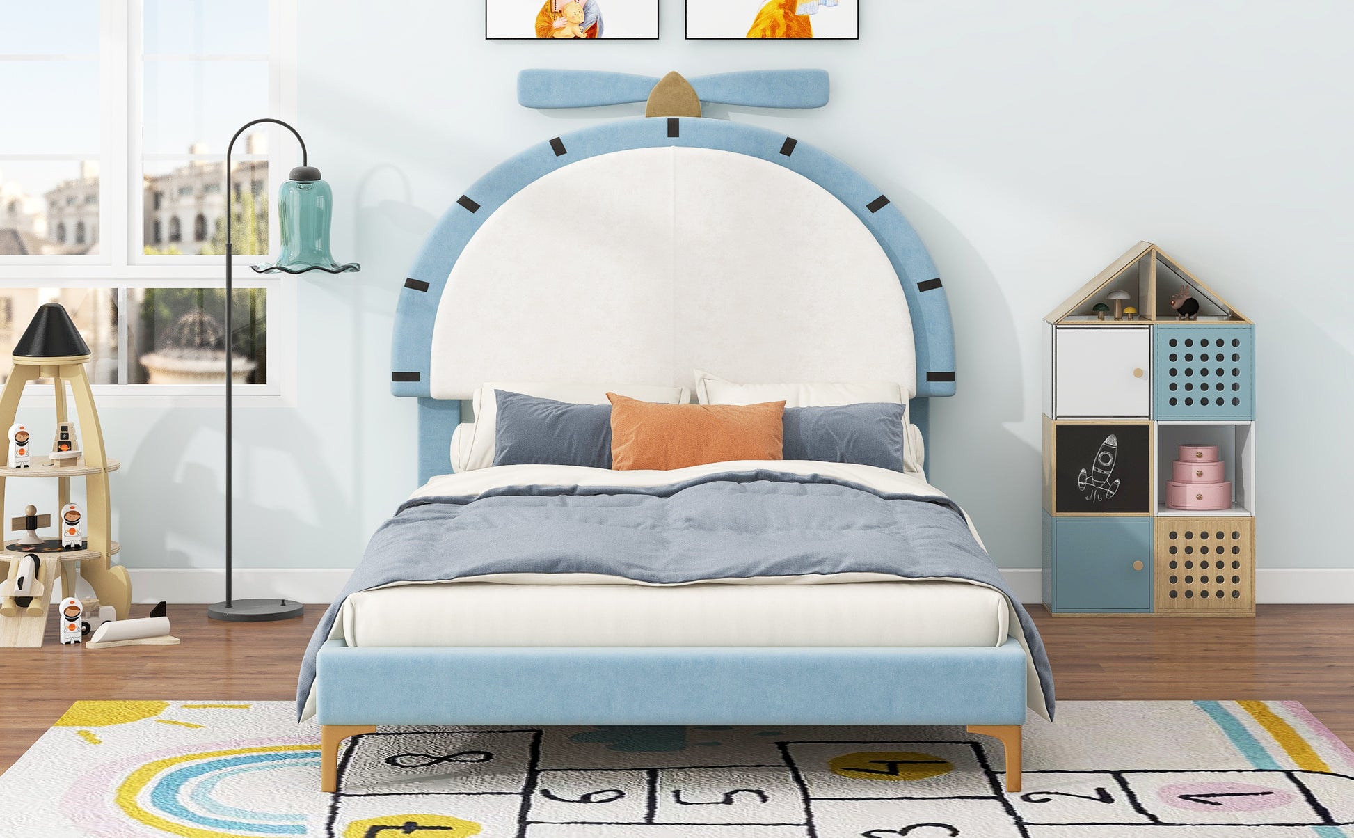 Twin Size Upholstered Platform Bed With Alarm Clock Shaped Headboard, Blue Box Spring Not Required Twin Blue Wood Bedroom Bed Frame Velvet Upholstered