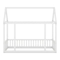Twin Size Floor Wooden Bed With House Roof Frame And Safety Guardrails ,White Twin White Pine